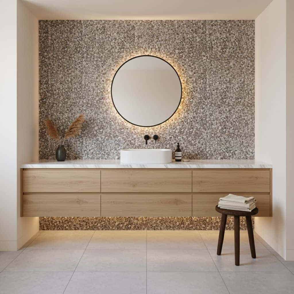 Modern bathroom vanity with mosaic tile wall, round mirror, and wooden cabinet, creating a sleek and contemporary look.