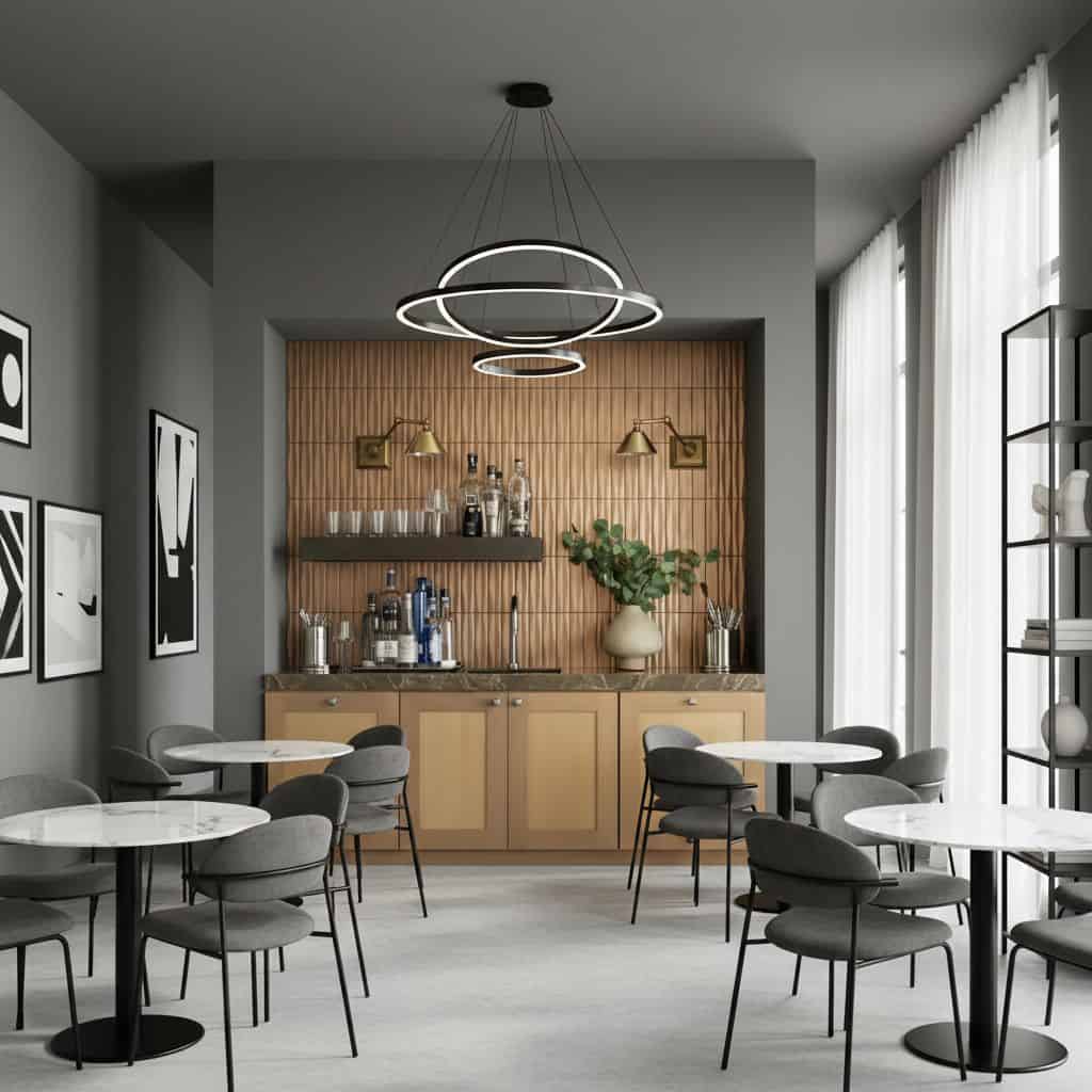 Bright, modern coffee shop interior with wood and marble tiles, sleek black tables, and contemporary lighting.
