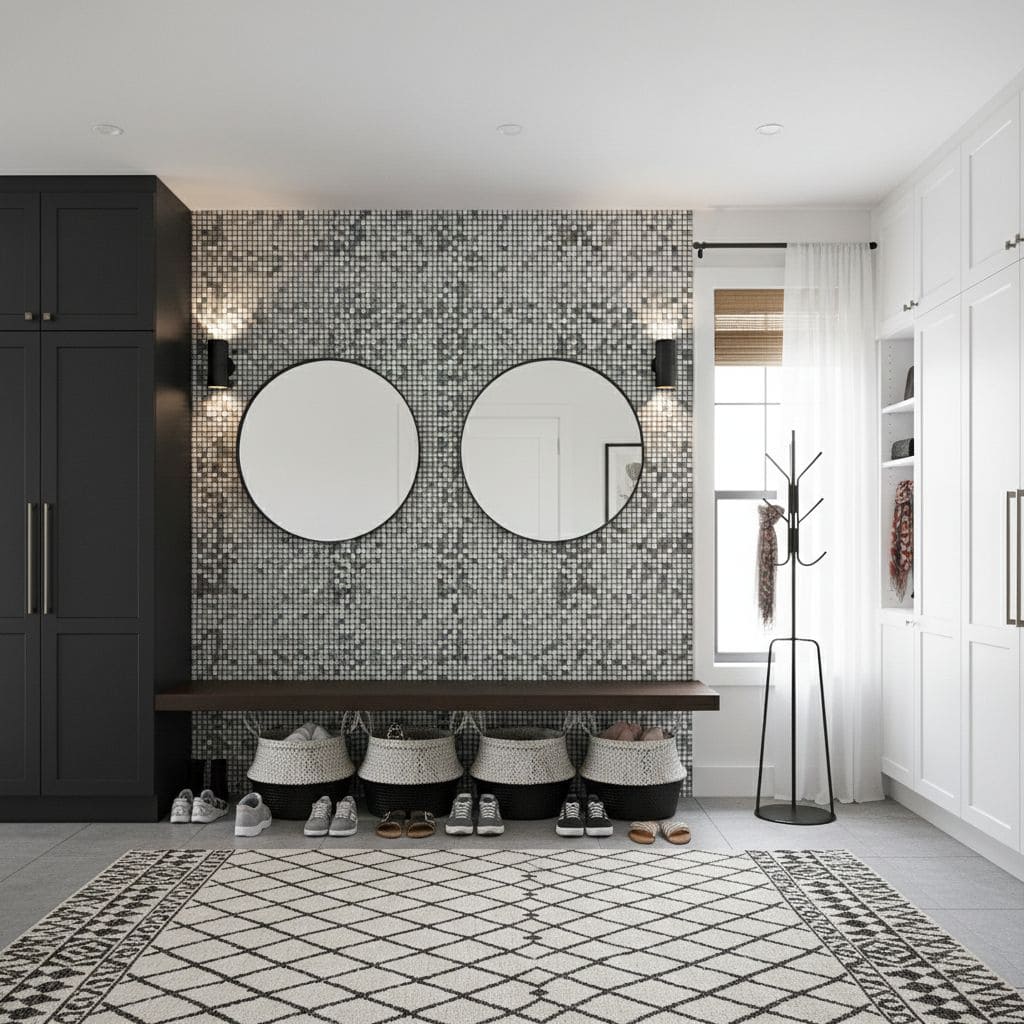 Reflective round mirrors on a mosaic tile wall in a modern entryway.