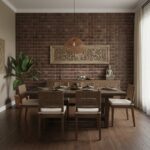 Brown textured wall tiles with a matte finish and subtle pattern, creating a warm and inviting atmosphere in the dining room.