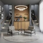Light gray textured tile with matte finish, complemented by warm wood tones and sleek black accents.