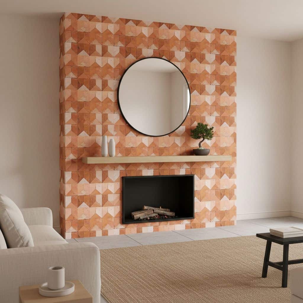 Terracotta-colored textured tile with geometric pattern, round mirror, and minimalist decor in a cozy living room.