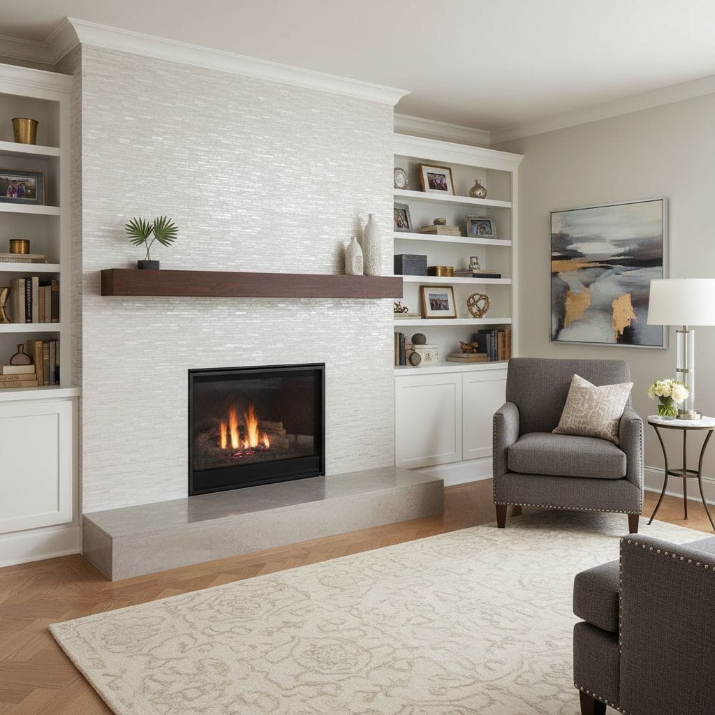 Elegant living room featuring a white brick fireplace with a wooden mantel, surrounded by built-in shelves, a cozy armchair,.