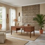 Decorative textured tile wall in neutral tones.
