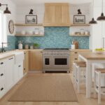 Blue glass mosaic tile backsplash with textured, shiny surface in a modern kitchen setting.