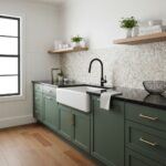 Green tile backsplash with textured surface behind white farmhouse sink and black faucet.