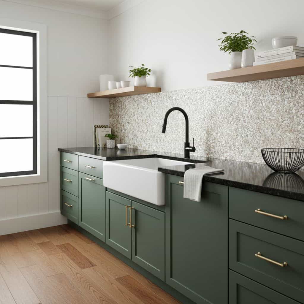 Green tile backsplash with textured surface behind white farmhouse sink and black faucet.