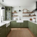 Bright green kitchen cabinets with white countertops and open wooden shelves, creating a fresh and modern look.