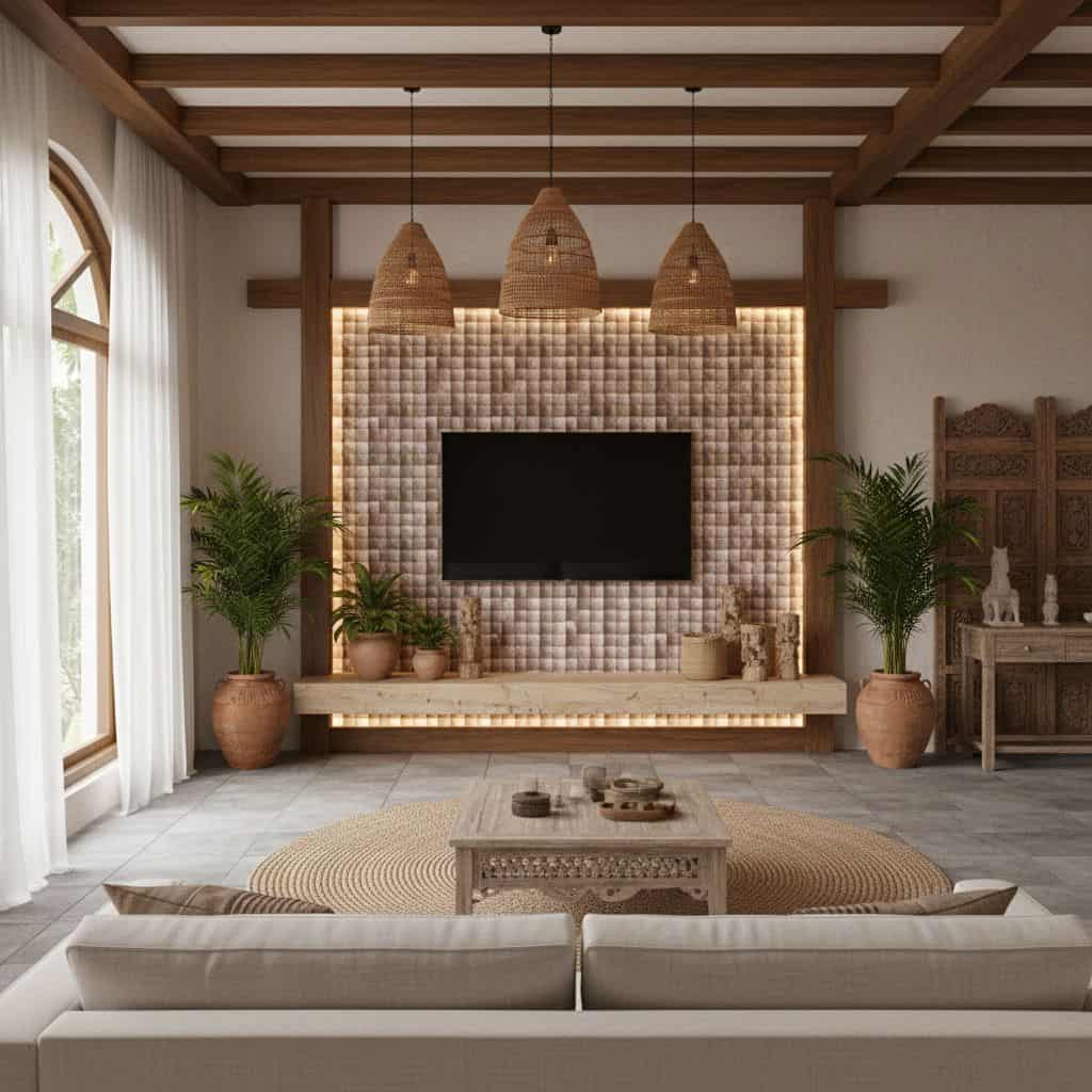 Natural beige stone textured wall tile with a subtle pattern, enhancing the warm and cozy ambiance of the living room.