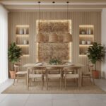 Wood tile wall with warm beige tones and textured finish, creating a cozy and natural ambiance.
