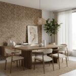 Beige stone tile wall with textured surface, complementing a minimalist dining area with neutral tones.