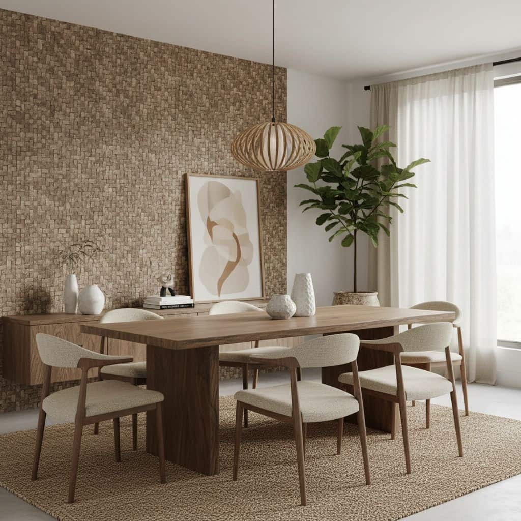 Beige stone tile wall with textured surface, complementing a minimalist dining area with neutral tones.
