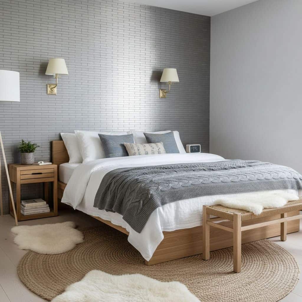 A cozy bedroom featuring a textured gray brick wall, white bedding, and wooden furniture, creating a calm and inviting atmosp.