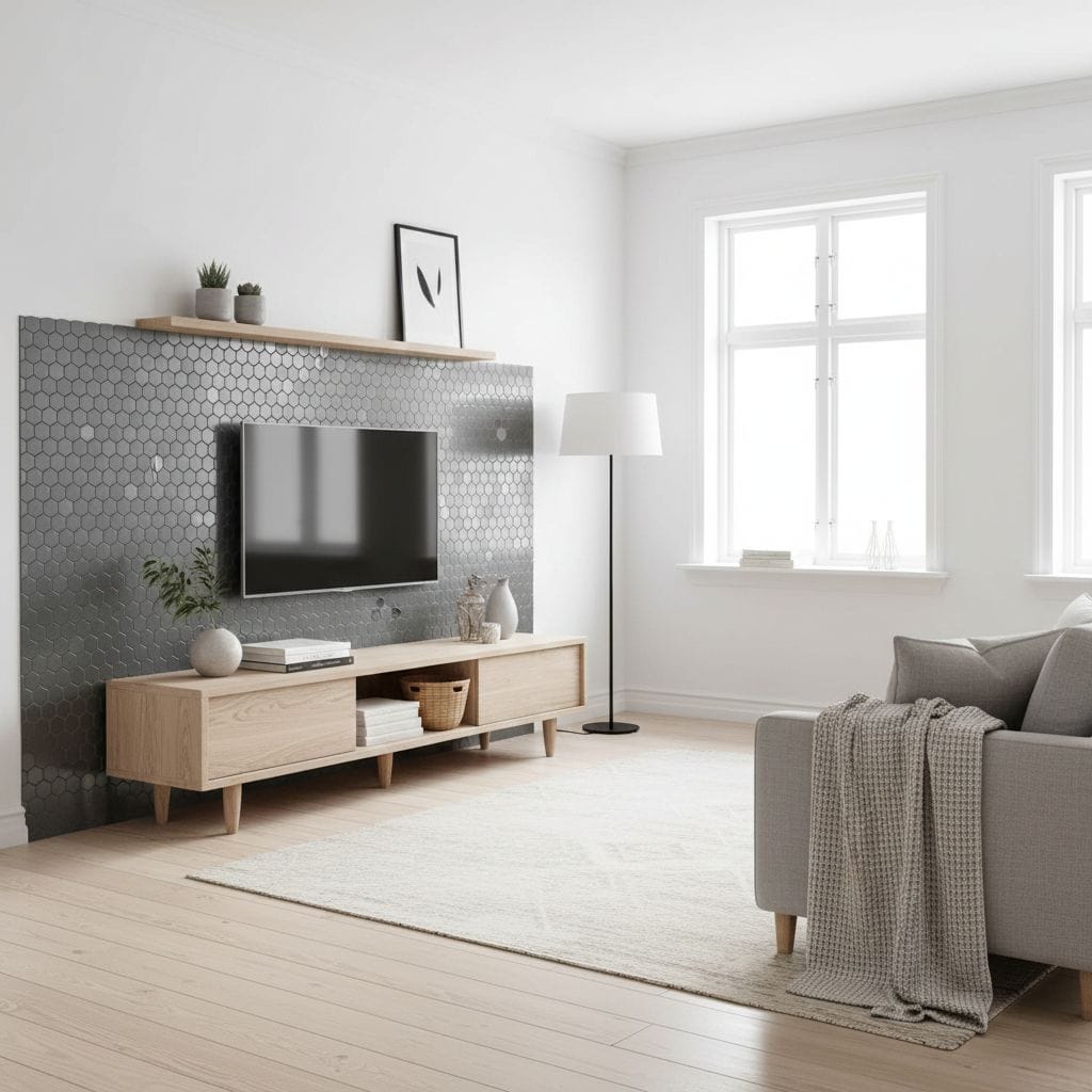 Bright living room featuring a grey hexagonal tile accent wall, light wood furniture, and a cozy grey sofa.