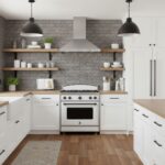 Bright white kitchen with textured gray tile backsplash, wooden open shelves, and stainless steel appliances.