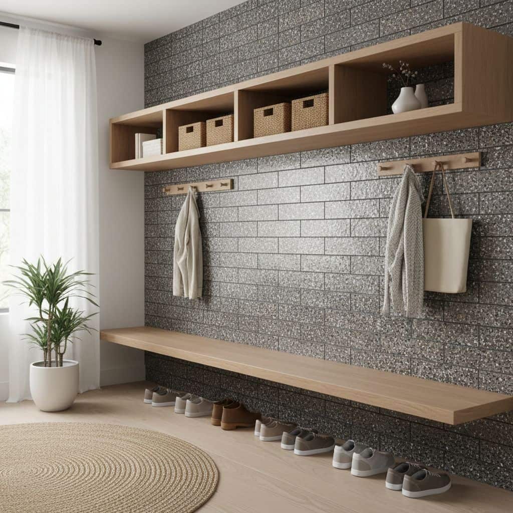 A modern entryway with a textured gray tile wall, wooden shelves, and hooks for hanging coats and bags, complemented by a pot.