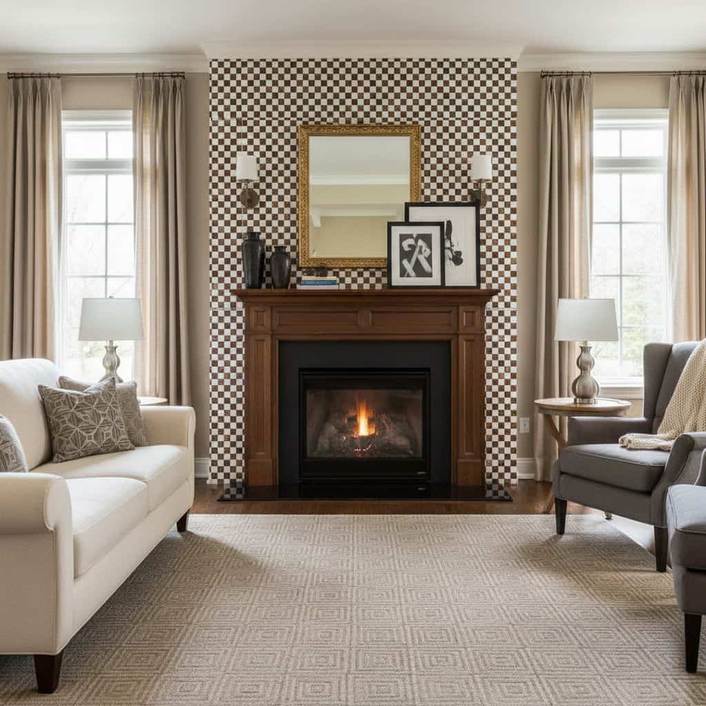 Light beige and black checkered tile wall behind fireplace.