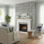 Black and white checkered tile with textured surface around fireplace.