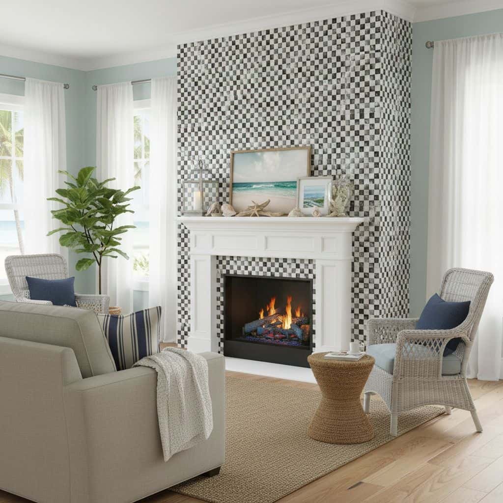 Black and white checkered tile with textured surface around fireplace.
