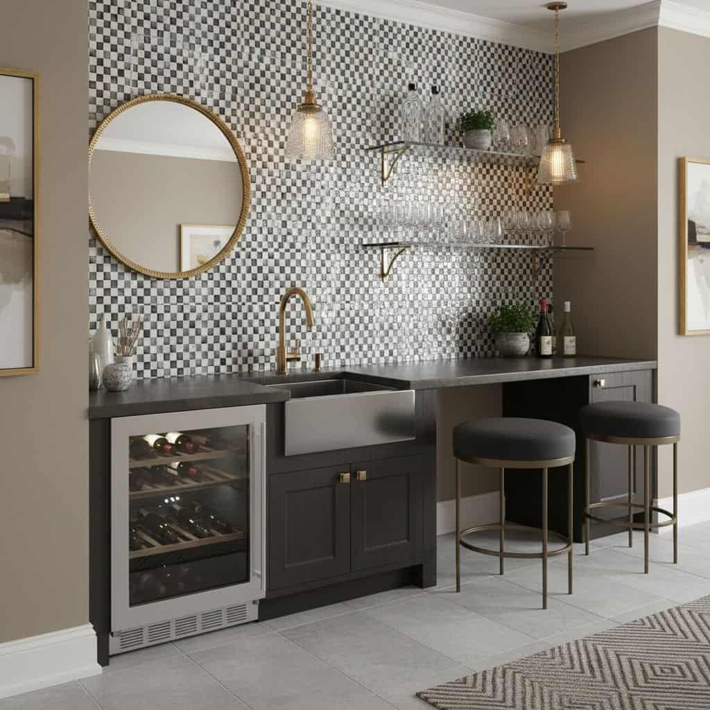 A sleek, checkered black and white tile backsplash with a matte finish, complementing a contemporary kitchen setup.