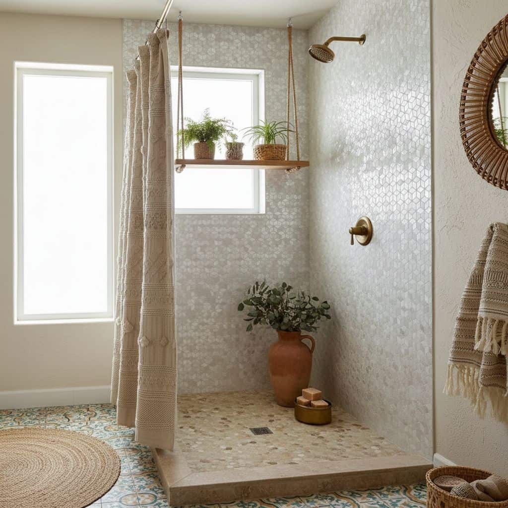 Light gray hexagon mosaic tiles with a textured surface for shower walls.