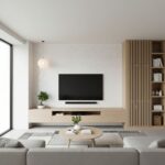 Aesthetic beige wood wall panel with vertical slats and open shelving, creating a sleek and contemporary look.
