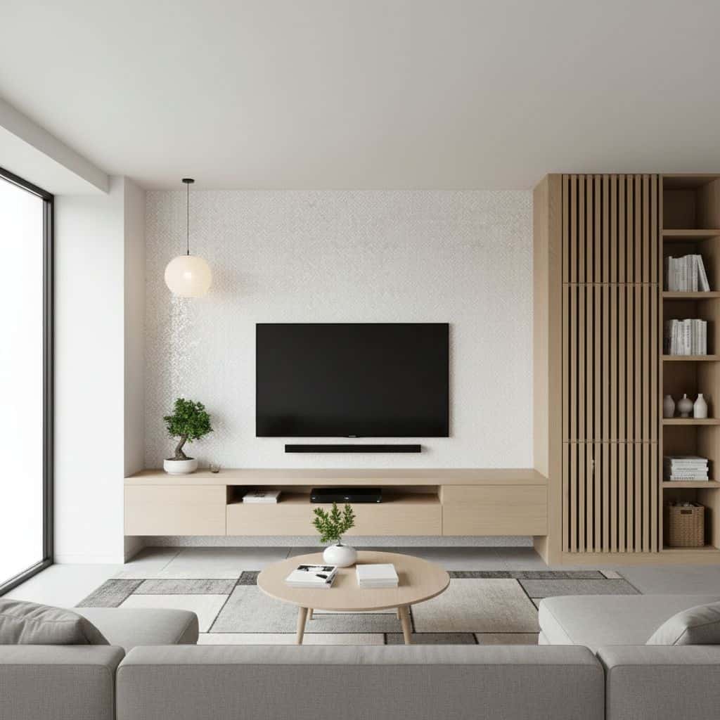 Aesthetic beige wood wall panel with vertical slats and open shelving, creating a sleek and contemporary look.