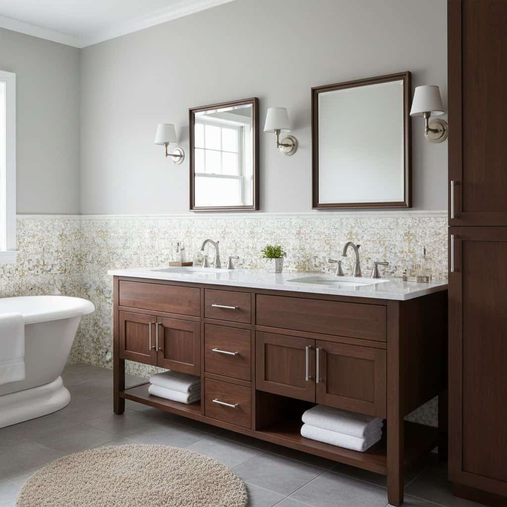 Bathroom vanity with wooden cabinet and marble countertop, modern design, neutral tones.
