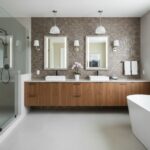 Brown mosaic wall tiles with textured surface, perfect for contemporary bathroom decor.
