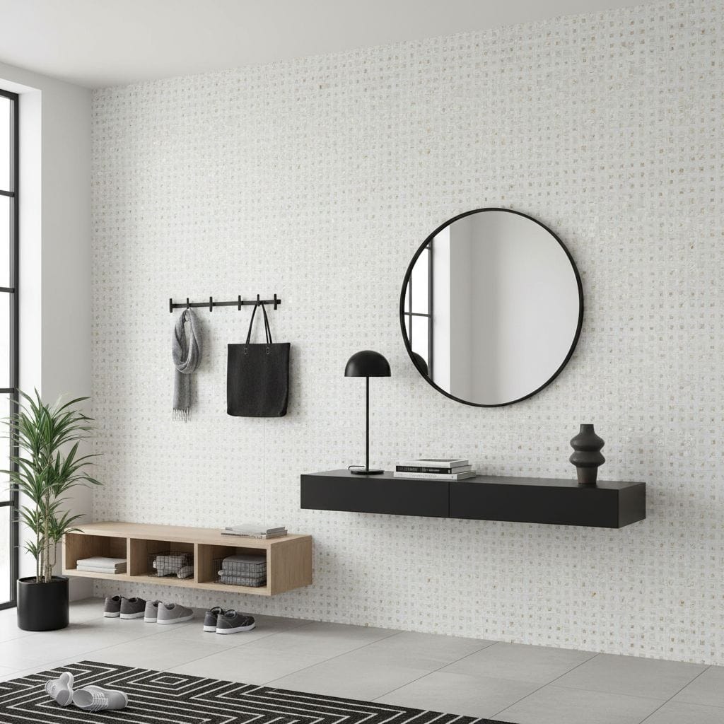 White textured ceramic tile wall with black decor accents and a large round mirror.