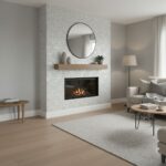 A sleek, white textured tile wall surrounding a modern fireplace, complemented by minimalist decor and natural light in a con.
