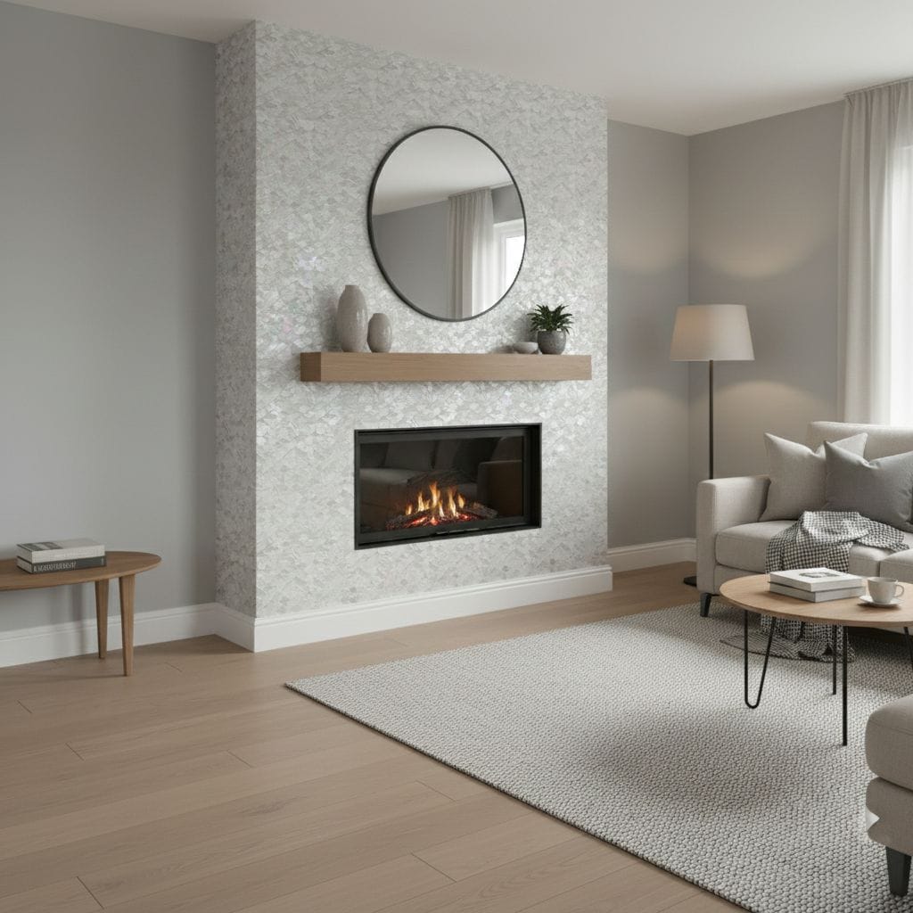 A sleek, white textured tile wall surrounding a modern fireplace, complemented by minimalist decor and natural light in a con.