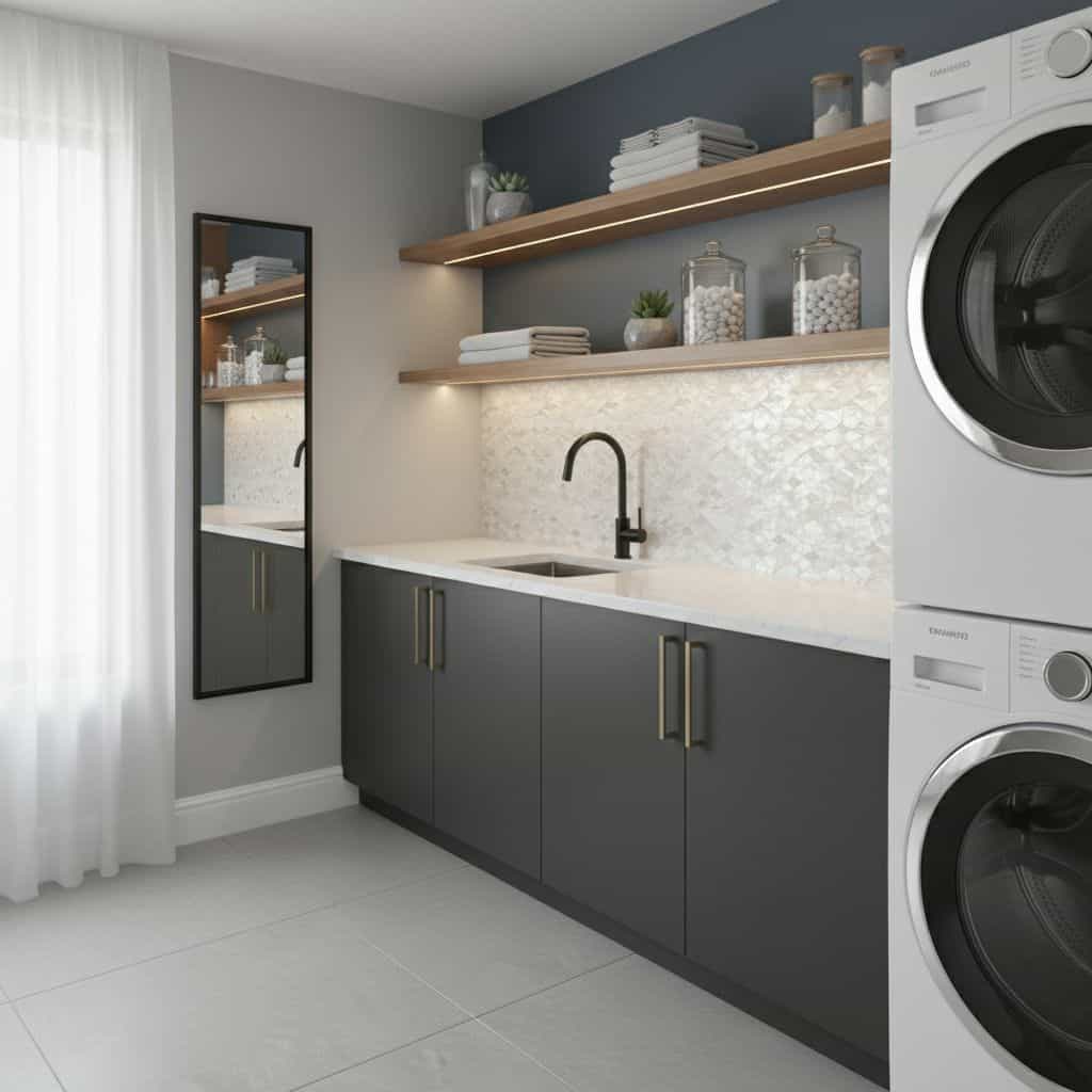 Bright laundry room with dark gray cabinets and white marble countertop. Features textured tile backsplash and open wooden sh.