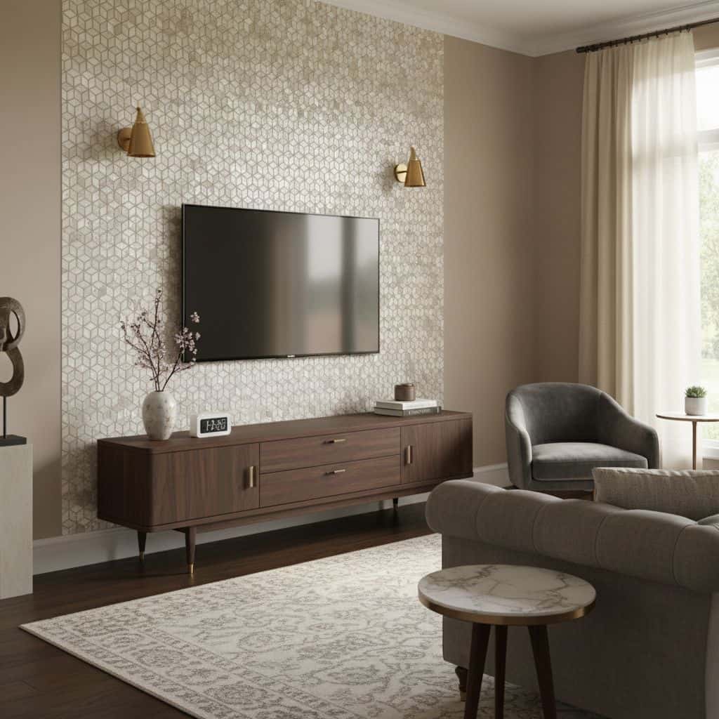 Beige textured wall with gold wall sconces and a mounted flat-screen TV.