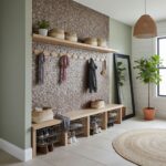 Colorful mosaic tile wall with hooks and baskets.