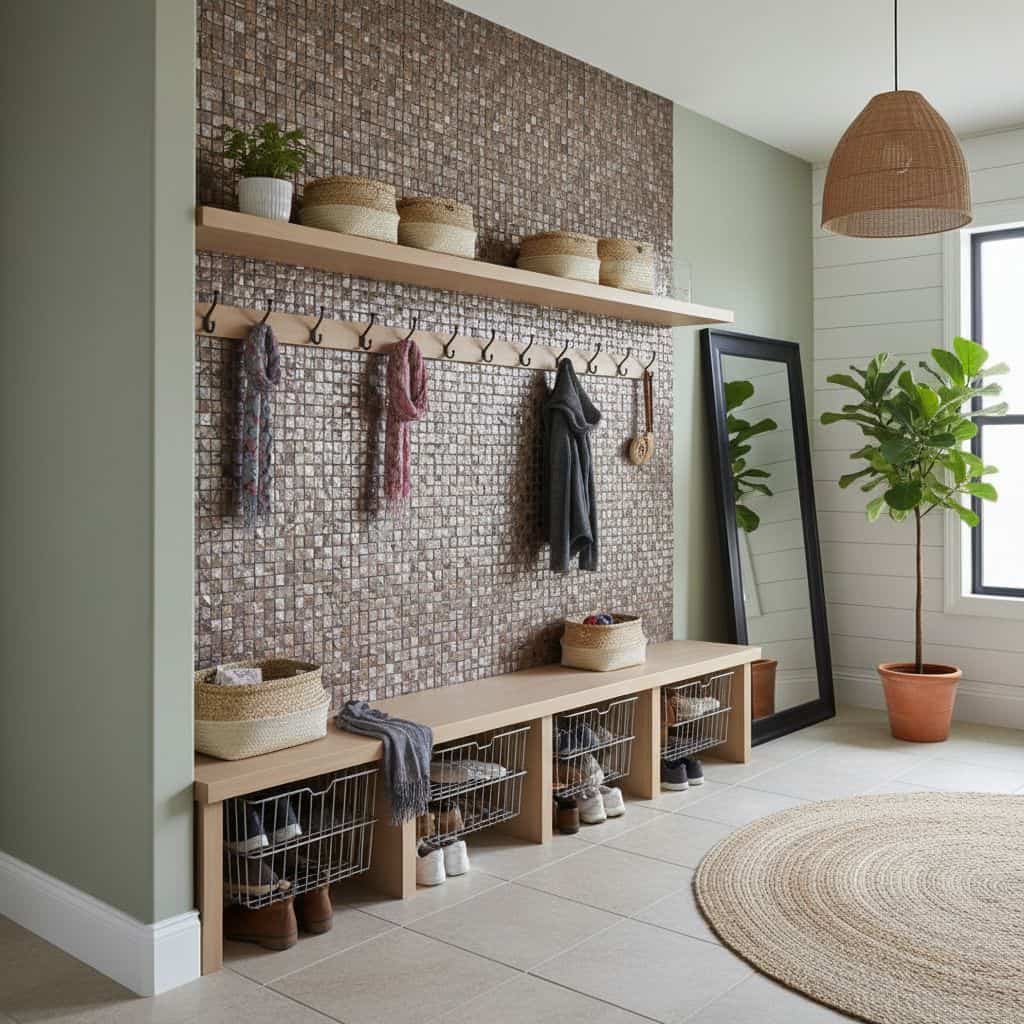 Colorful mosaic tile wall with hooks and baskets.
