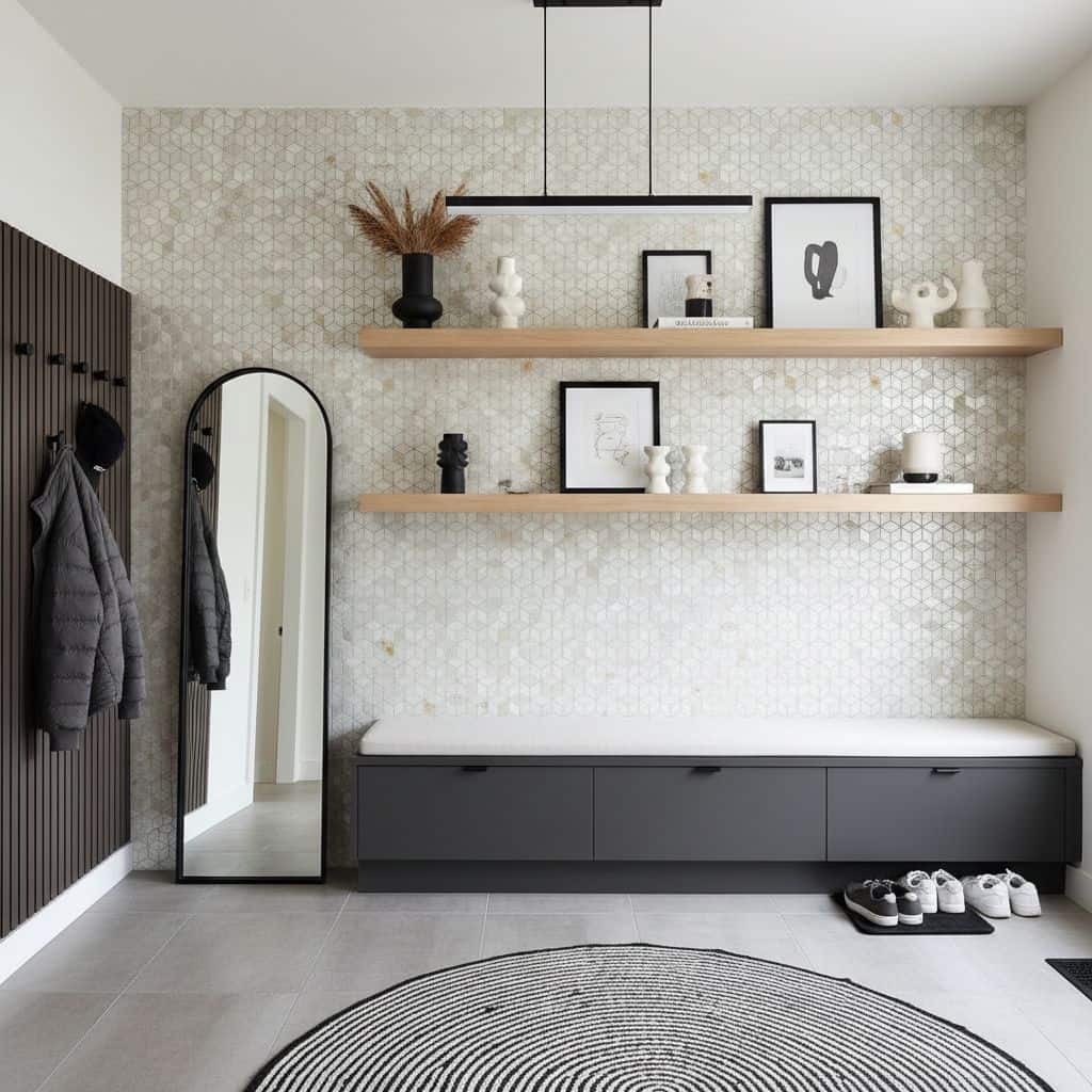 Neutral hexagon tiles with subtle texture and matte finish, complementing minimalist home decor.