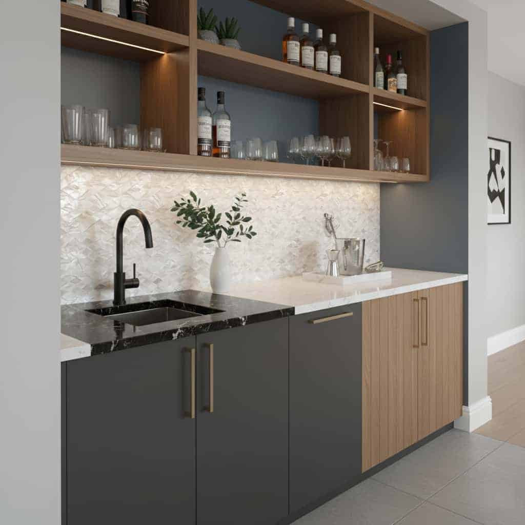 Kitchen cabinet with black lower cabinets and wood upper cabinets, featuring a white countertop and decorative backsplash.