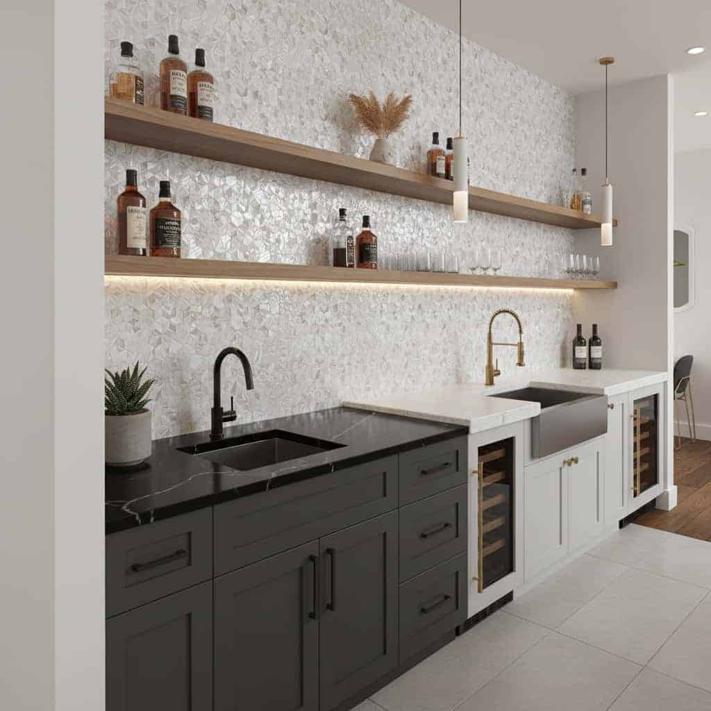 Black and white textured tile backsplash with wooden shelves and gold faucet in a contemporary kitchen setting.
