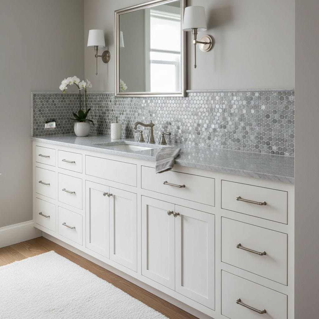 White mosaic tile backsplash with gray accents, smooth texture, and glossy finish.