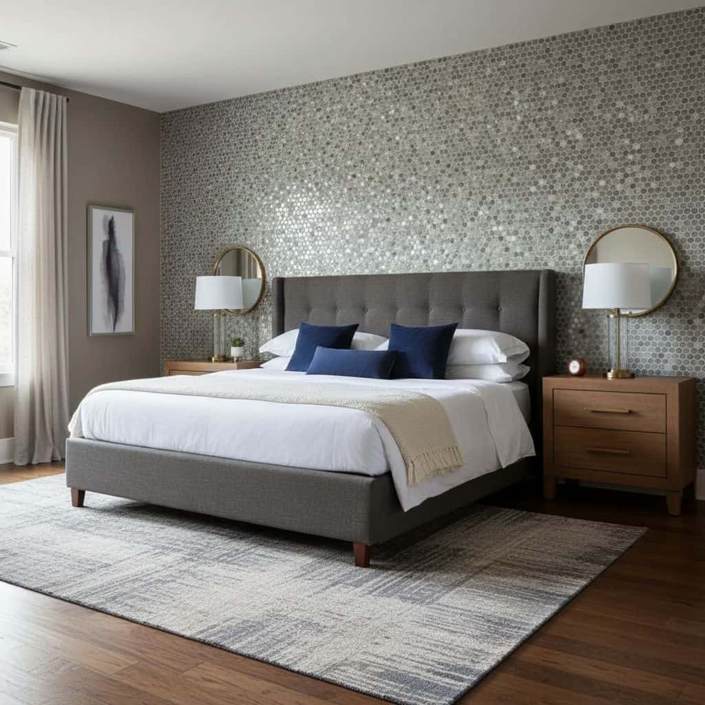 Gray mosaic tile wall with a textured, shimmering surface.