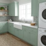 Bright mint green tile backsplash with textured surface and subtle pattern.