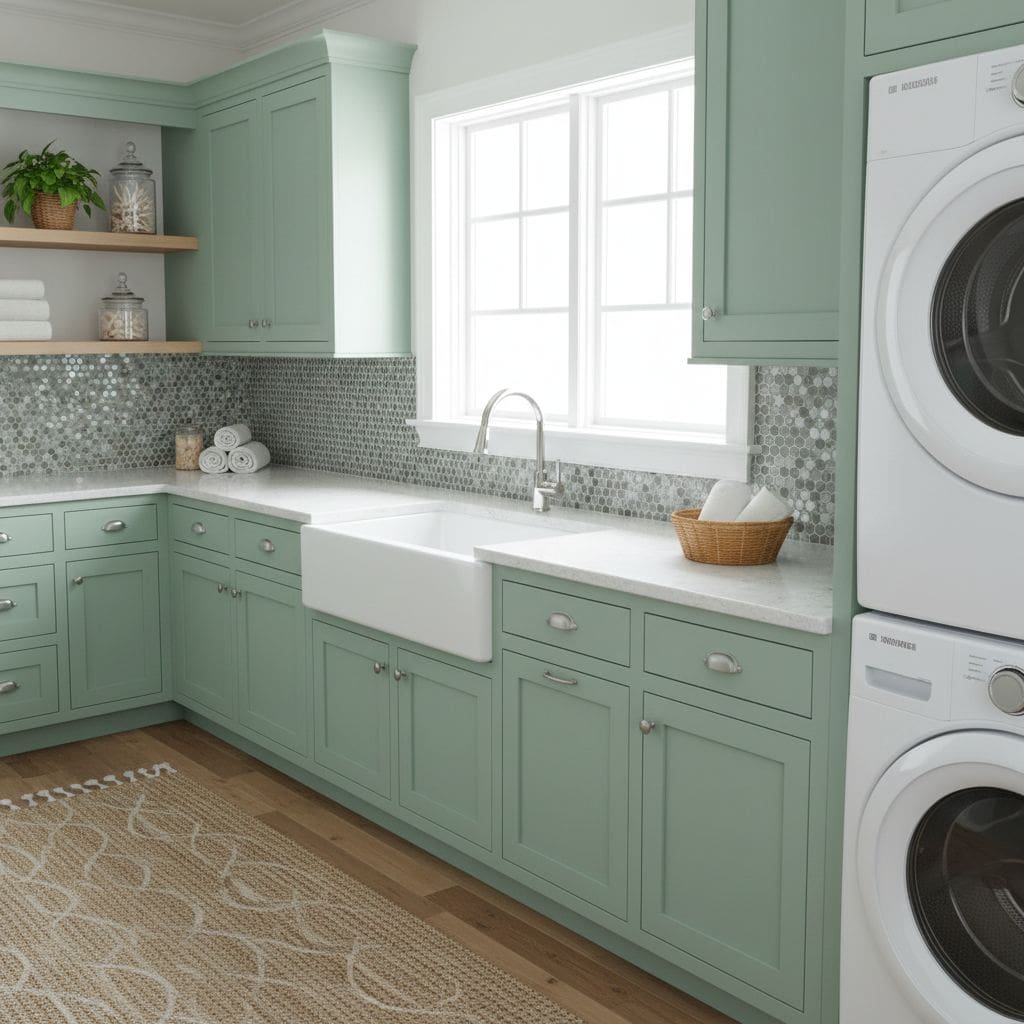 Bright mint green tile backsplash with textured surface and subtle pattern.