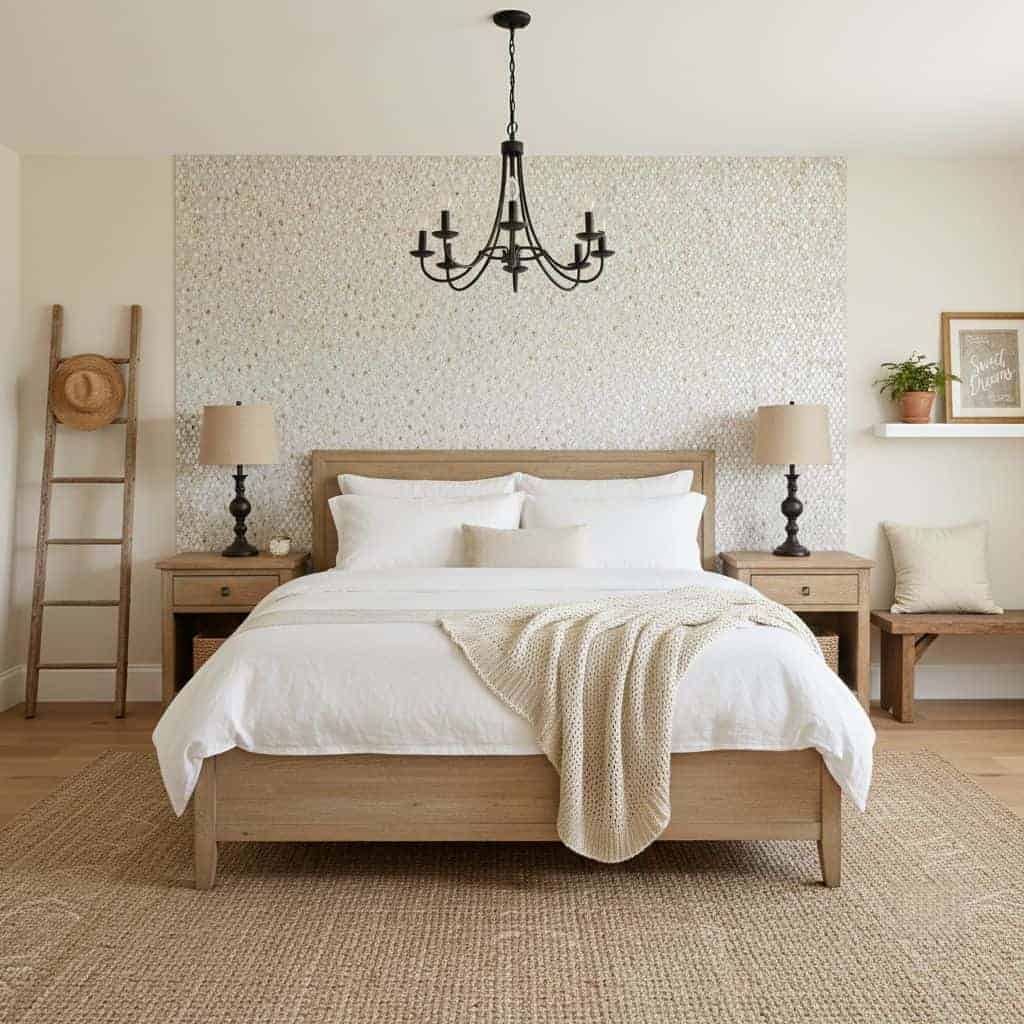 A cozy bedroom featuring a textured, neutral-colored wall tile behind the bed, complemented by soft bedding and minimalist de.