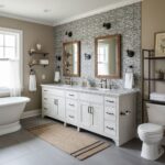 Bright and clean bathroom featuring a gray stone tile wall behind a white double vanity with wooden framed mirrors.