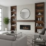 Gray textured tile with a smooth finish, used on the fireplace wall in a contemporary living room.