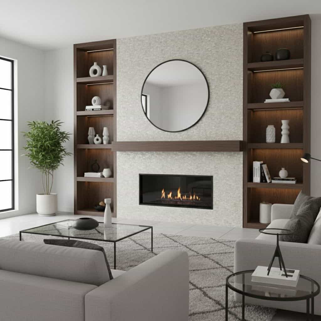 Gray textured tile with a smooth finish, used on the fireplace wall in a contemporary living room.