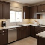 Brown ceramic tile with textured surface, used as backsplash in a modern kitchen.