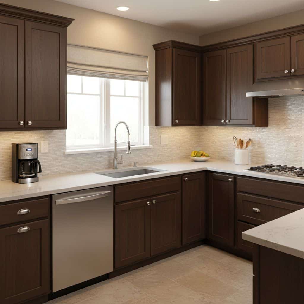 Brown ceramic tile with textured surface, used as backsplash in a modern kitchen.