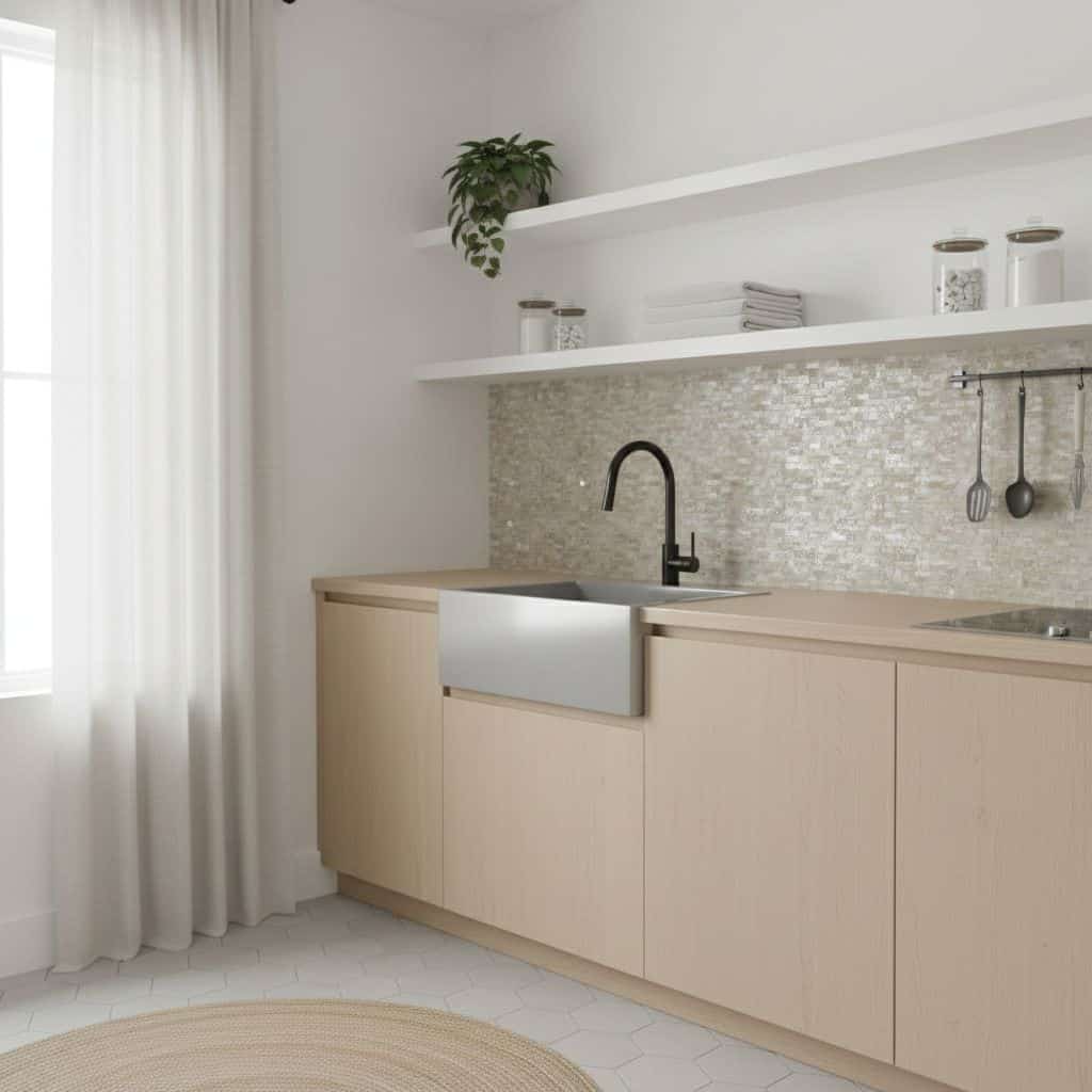 Beige tile backsplash with a smooth, matte finish in a contemporary kitchen setting.